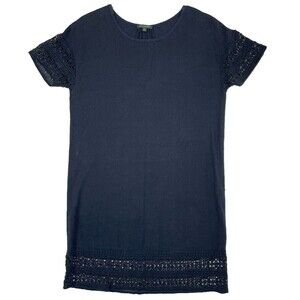 For Cynthia Linen Blend Mini Shift Dress Navy Blue Crochet Lace Trim Women's S